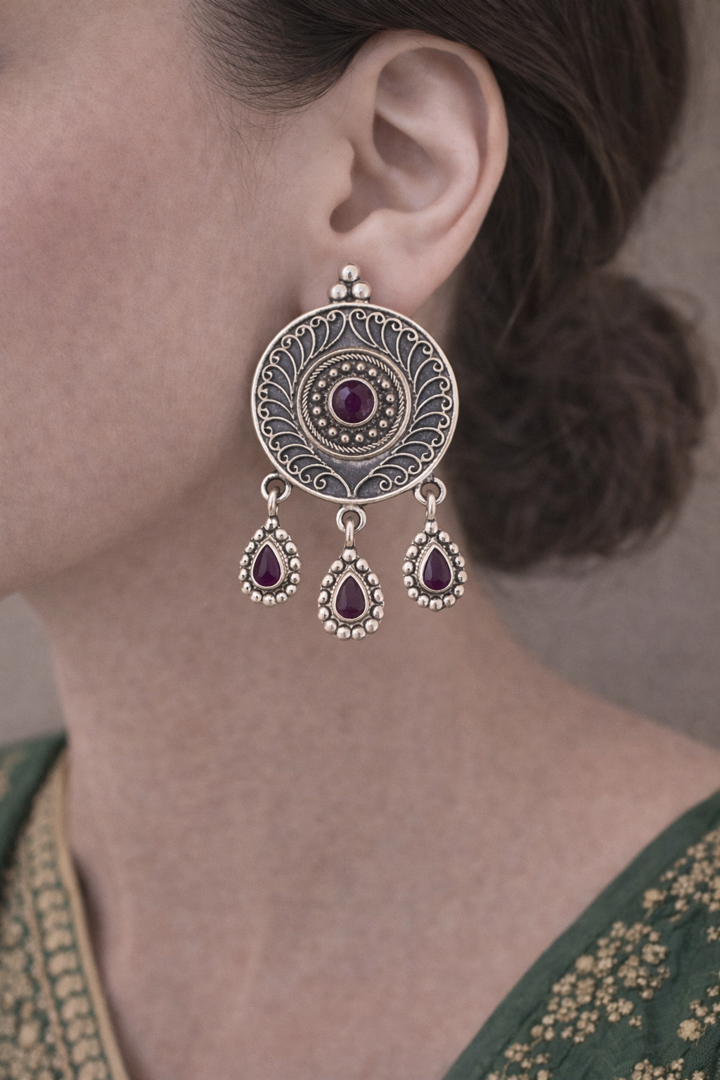 Oxidised Circular Motif Drop Earrings