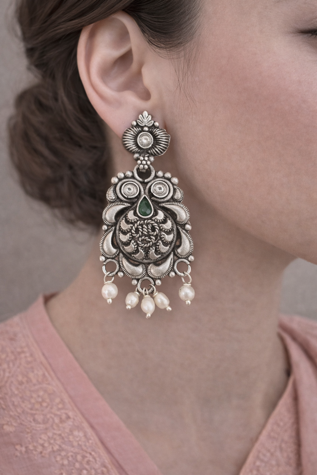 Oxidised Peacock Motif Pearl Drop Earrings