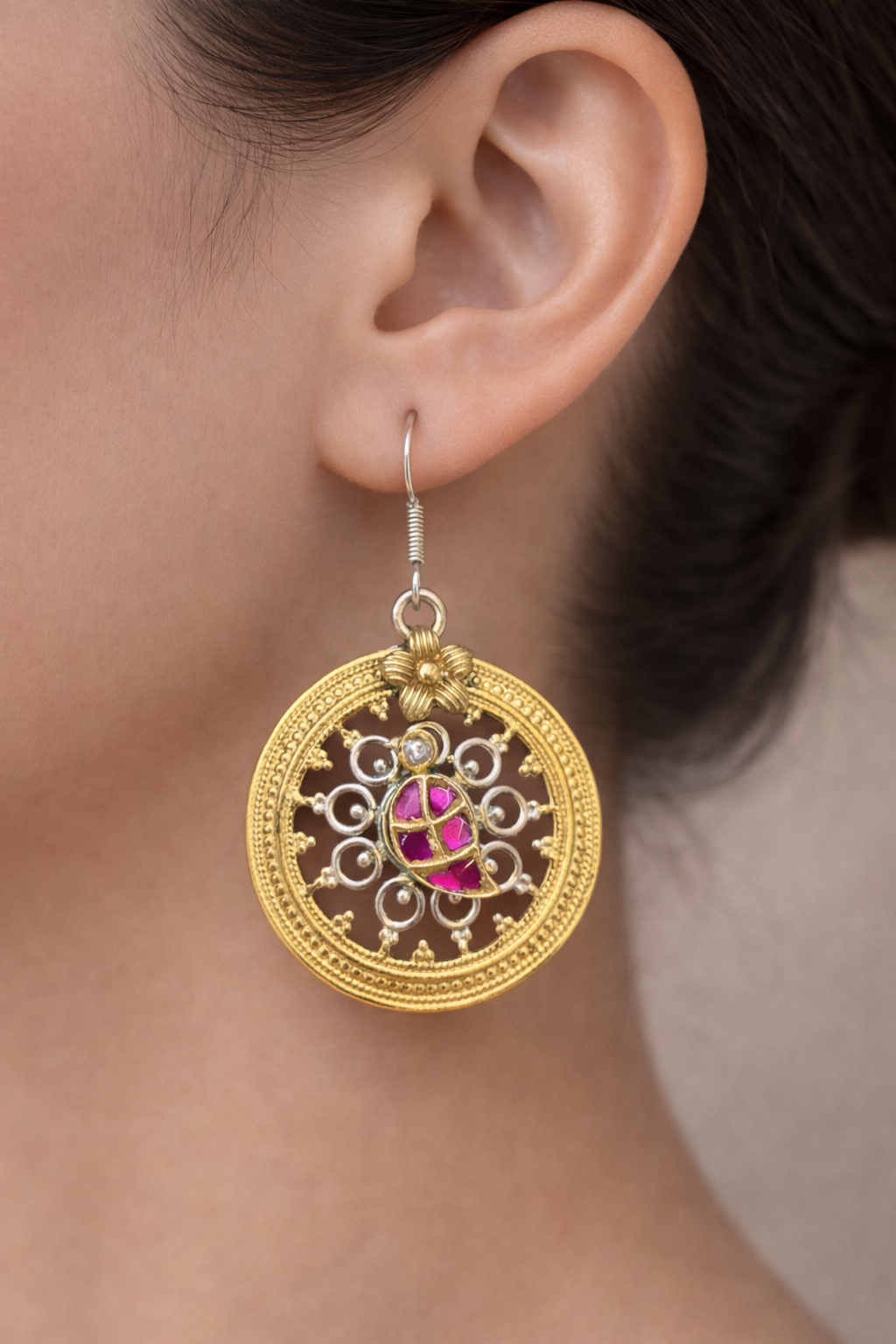 Gold-Accented Circular Motif Drop Earrings