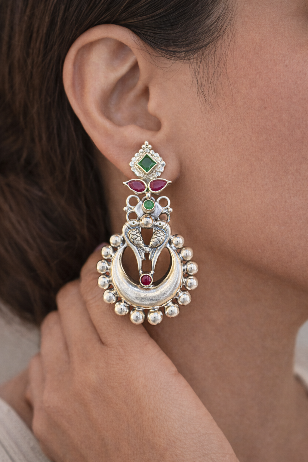 Silver Peacock Crescent Drop Earrings