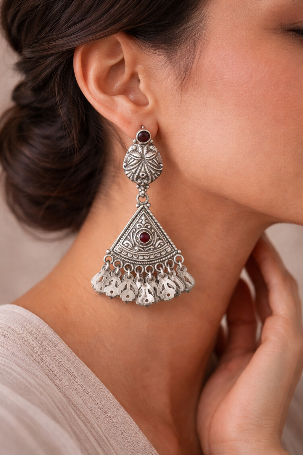 Silver Tribal Triangle Fringe Earrings