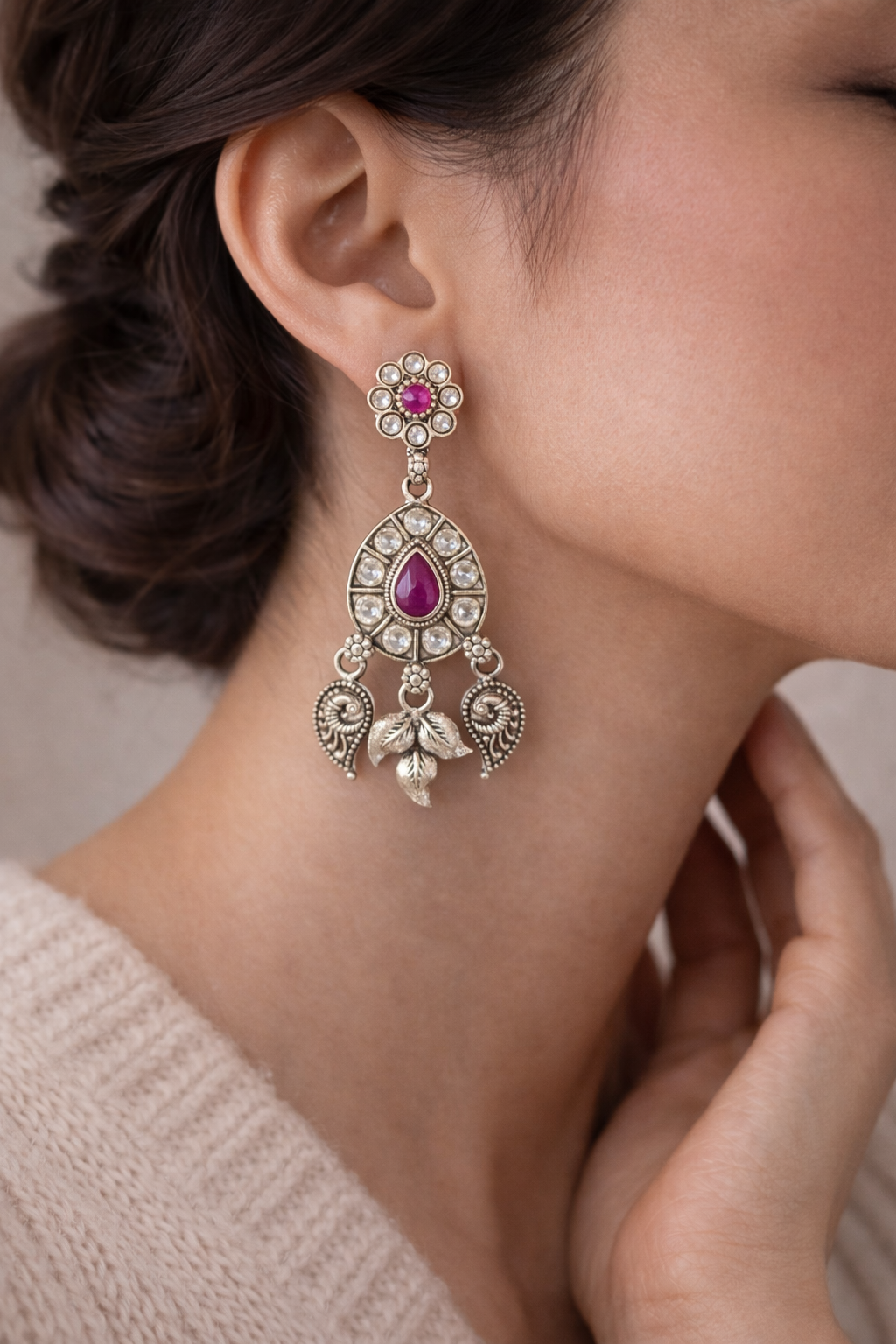 Silver Floral Drop Earrings with Ruby Accent