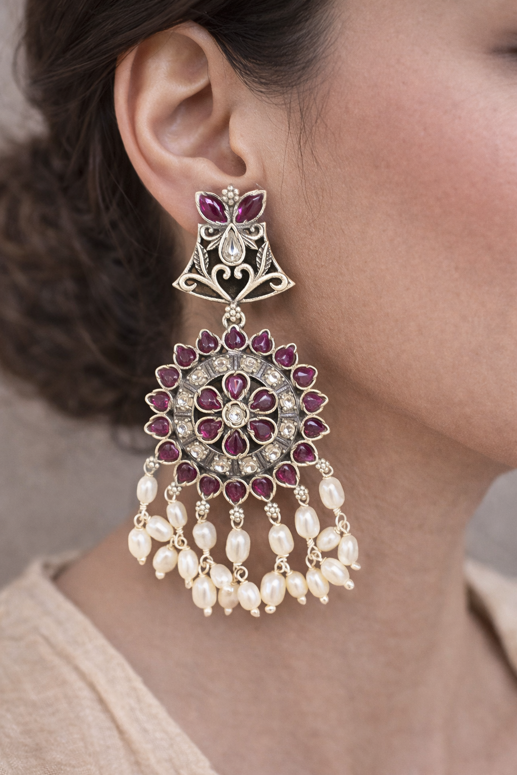 Oxidised Floral Chakra Pearl Drop Earrings