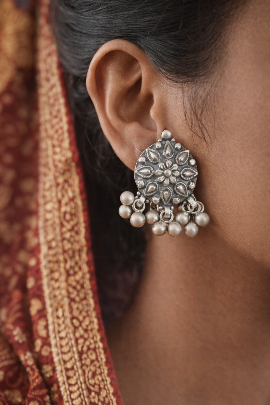 Floral Heritage Oxidised Silver Stud Earrings