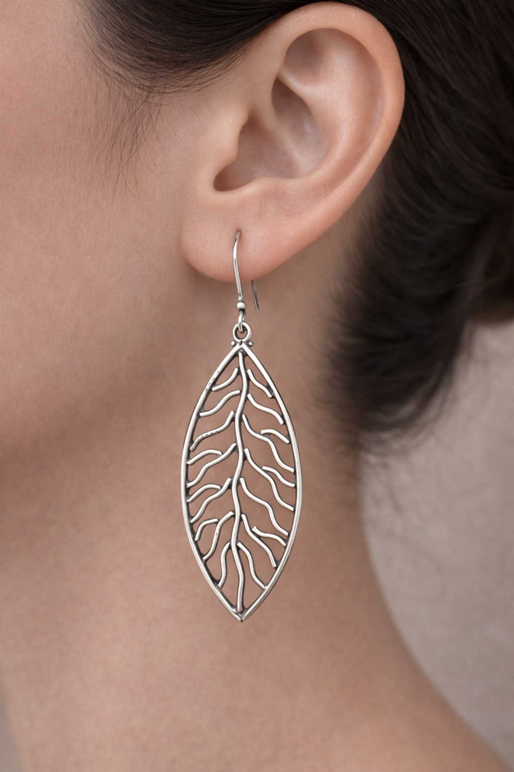 Oxidised Leaf Silhouette Drop Earrings