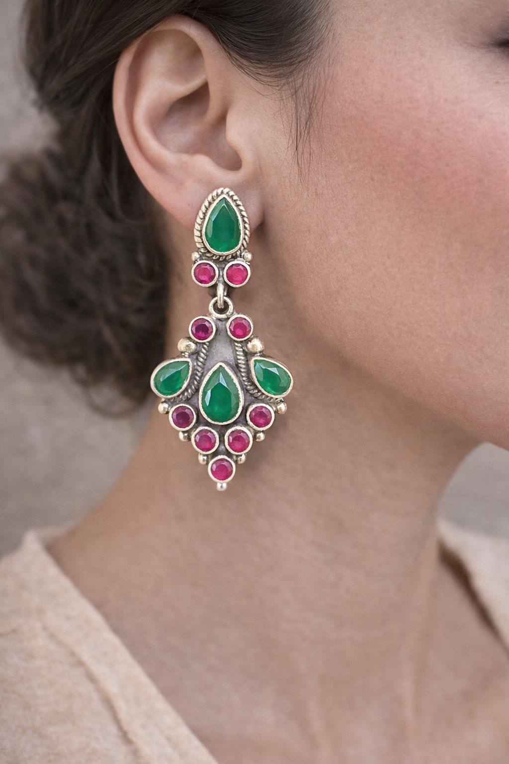 Oxidised Emerald & Ruby Teardrop Cluster Earrings