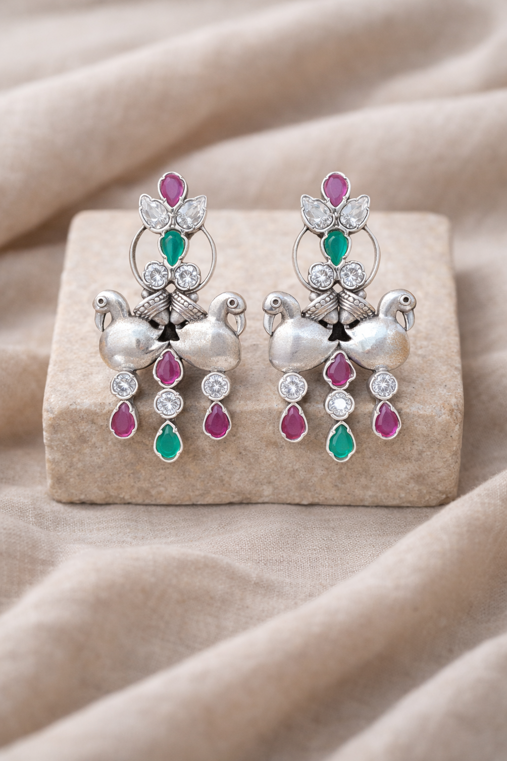 Oxidised Twin Peacock Motif Stone Drop Earrings