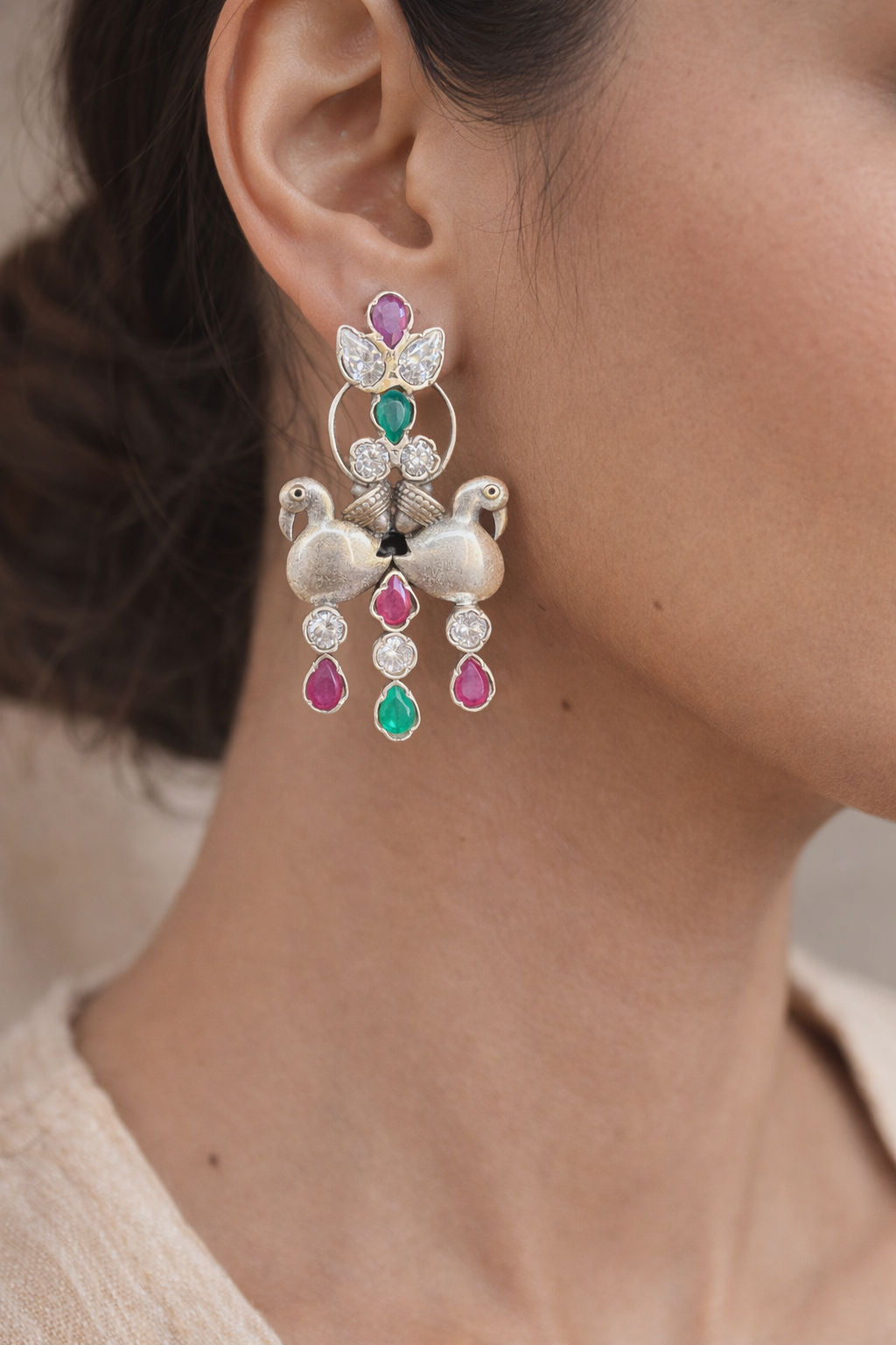 Oxidised Twin Peacock Motif Stone Drop Earrings