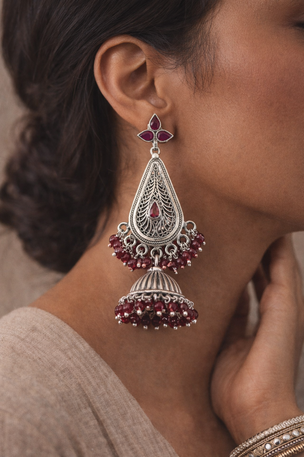 Oxidised Ruby Beaded Teardrop Jhumka Earrings