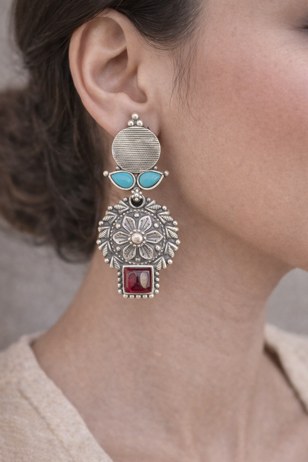 Oxidised Floral Motif Turquoise & Ruby Drop Earrings