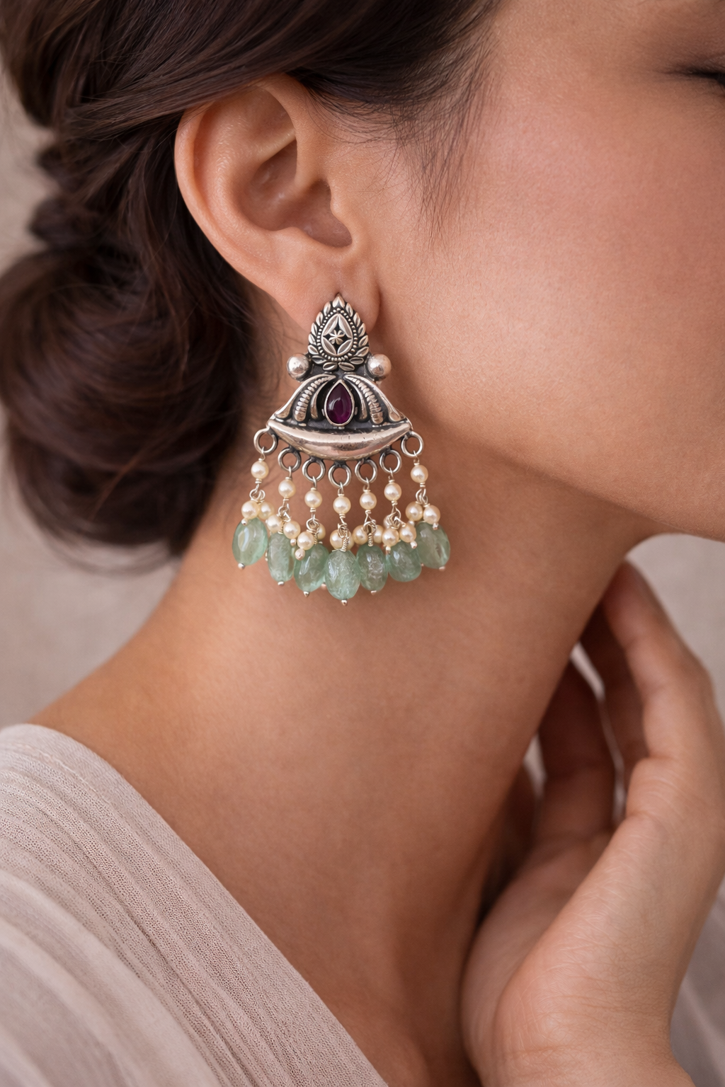 Virasat Pearl & Green Stone Silver Earrings