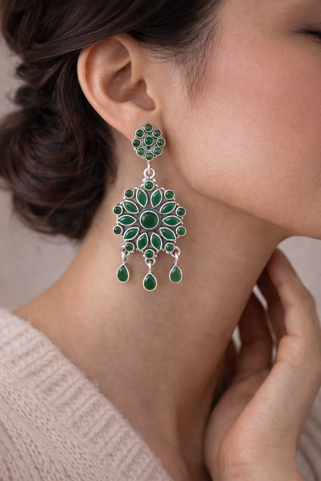 Emerald Bloom Silver Drop Earrings