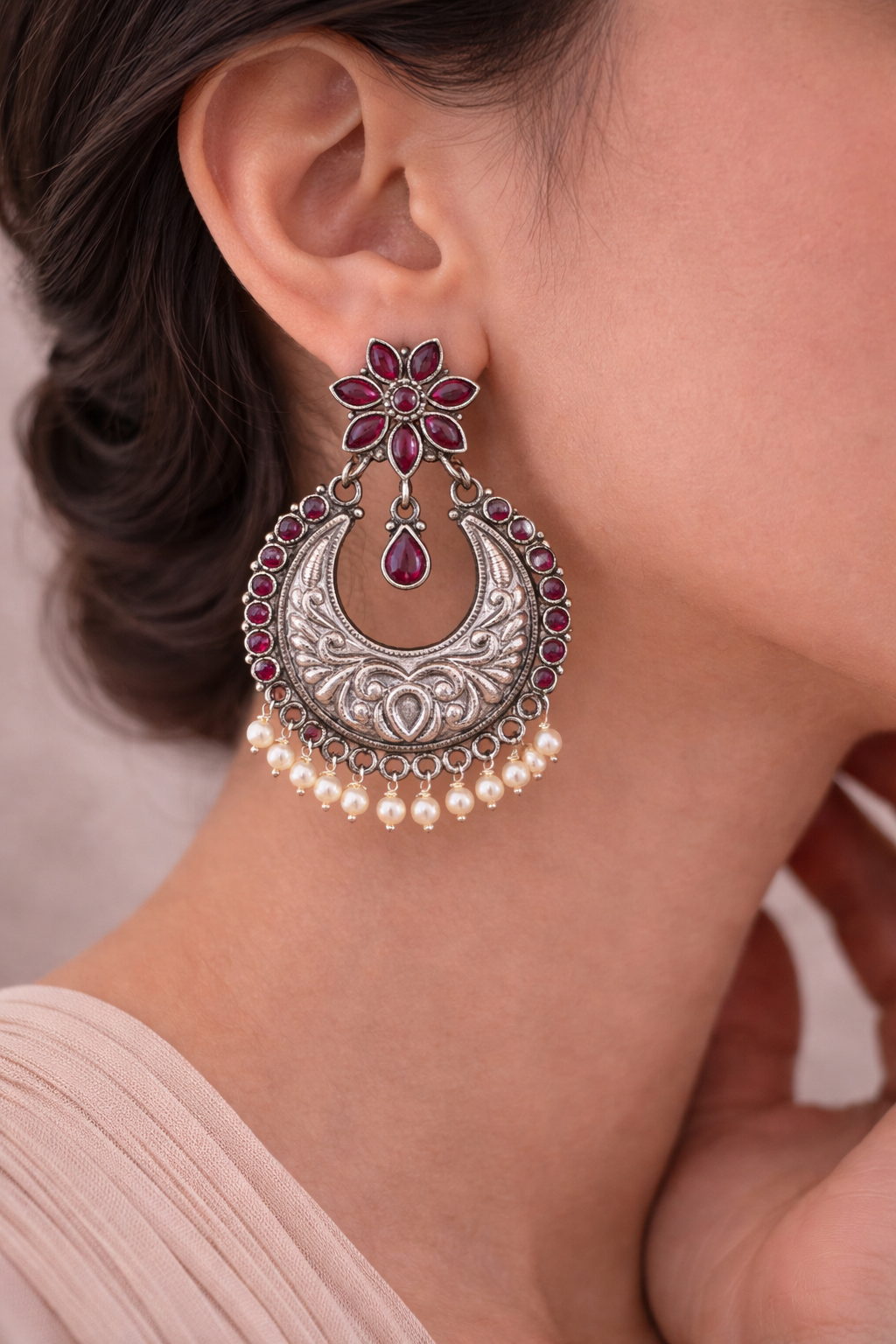 Oxidised Ruby Crescent Pearl Drop Earrings