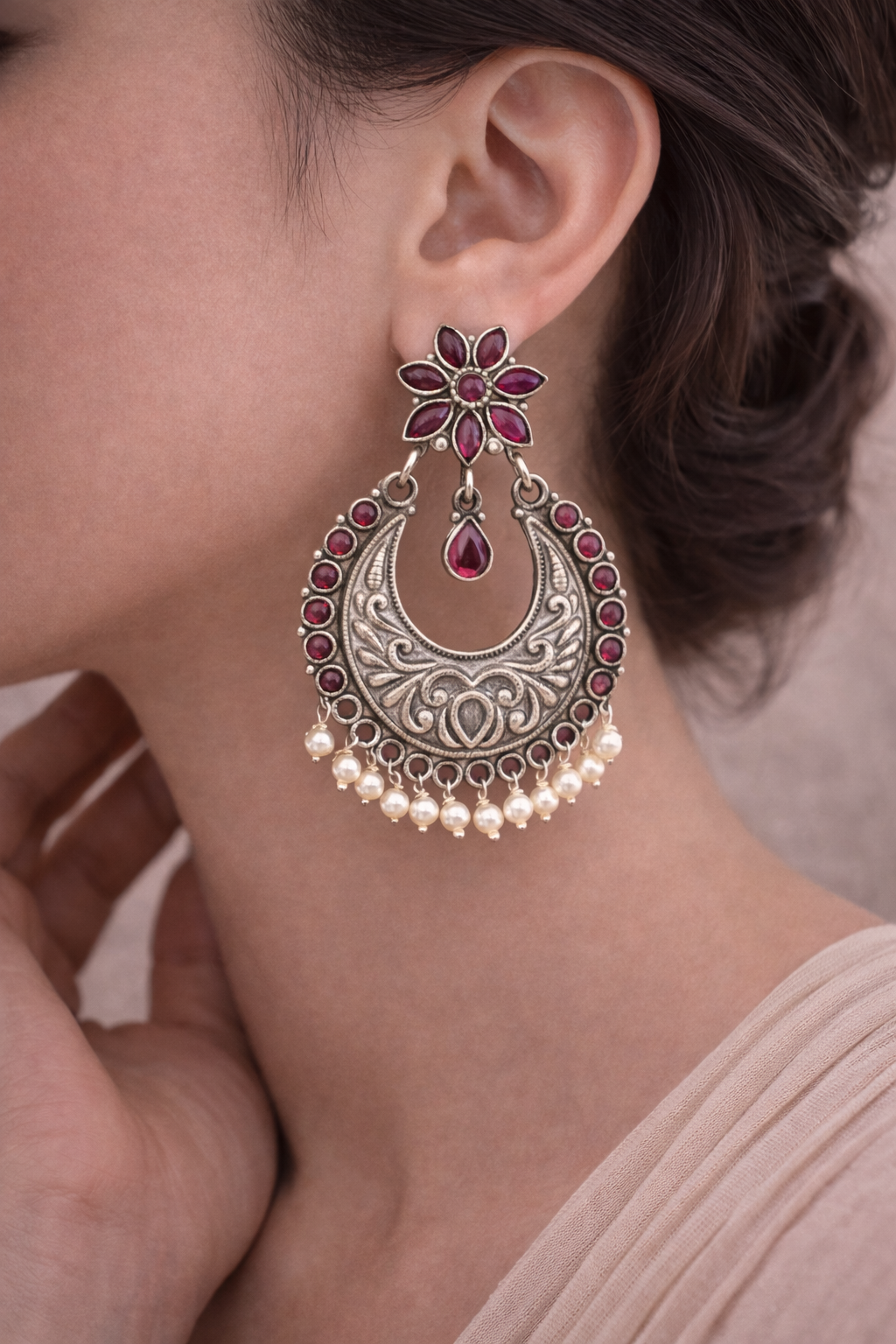 Oxidised Ruby Crescent Pearl Drop Earrings