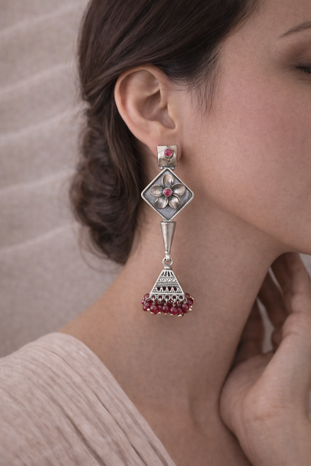 Oxidised Floral Ruby Jhumka Drop Earrings