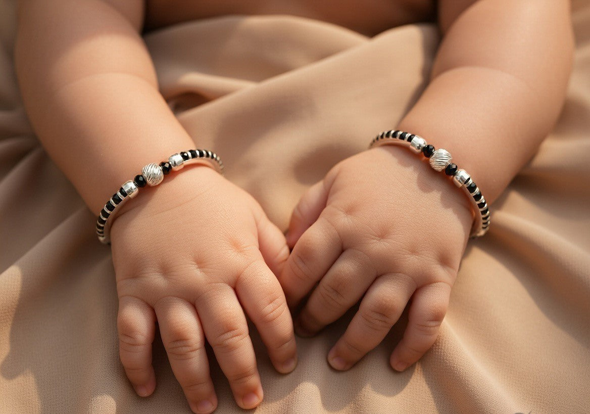 Black Beaded Silver Child Bangles