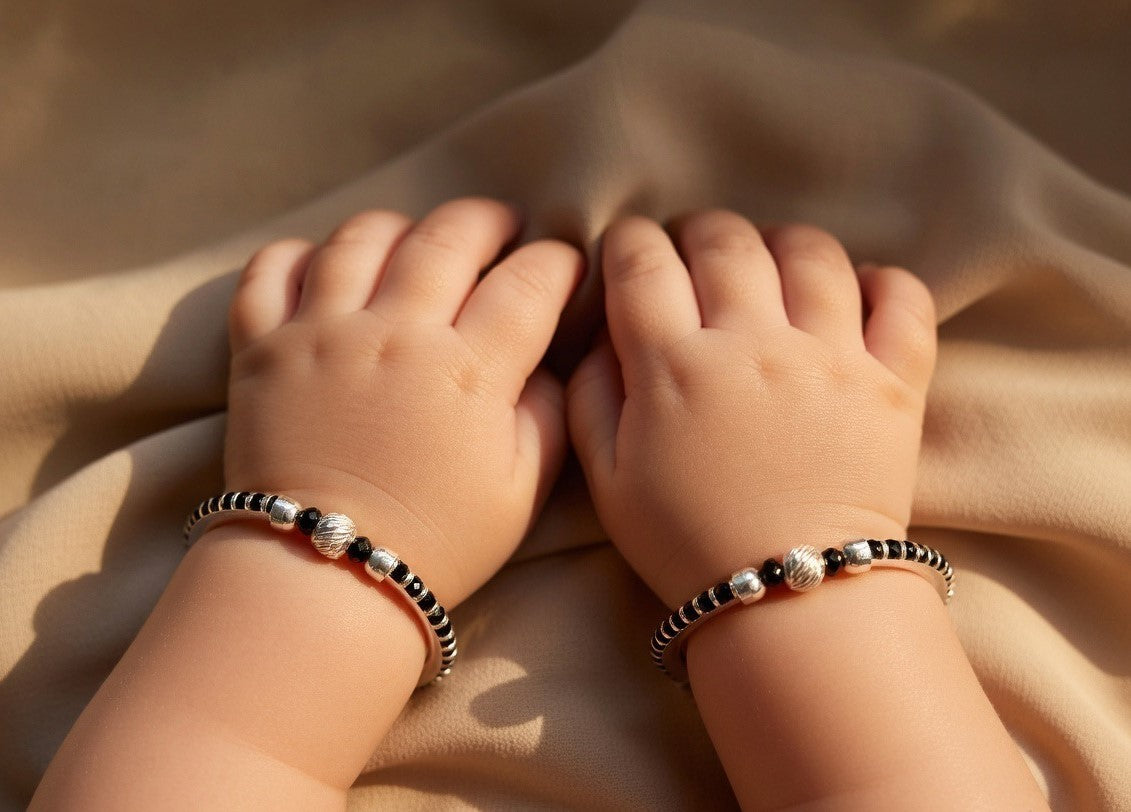 Black Beaded Silver Child Bangles