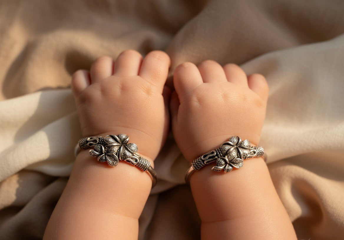 Oxidised Floral Motif Silver Child Bangles