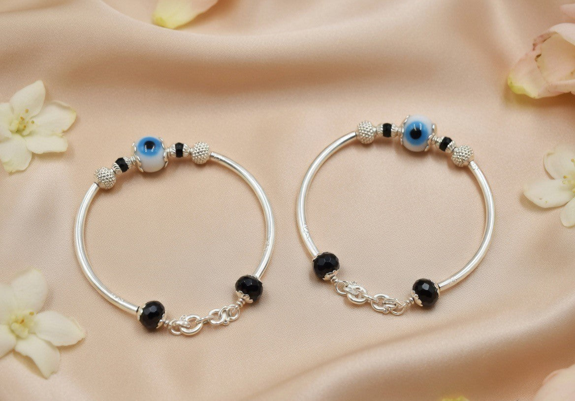 Evil Eye Beaded Silver Child Bangles