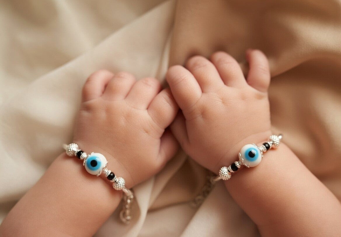 Evil Eye Beaded Silver Child Bangles