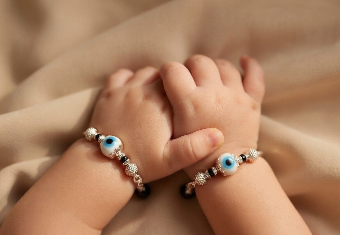 Evil Eye Beaded Silver Child Bangles
