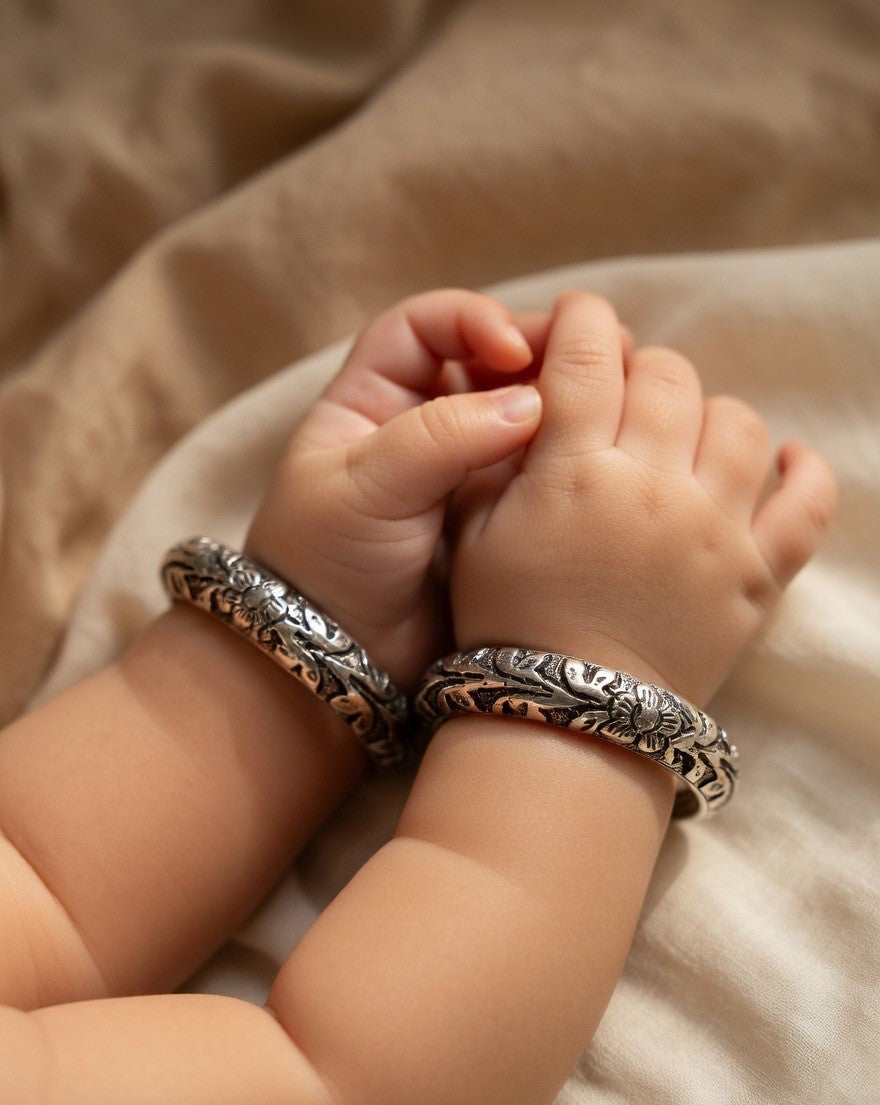 Oxidised Floral Engraved Silver Child Bangles