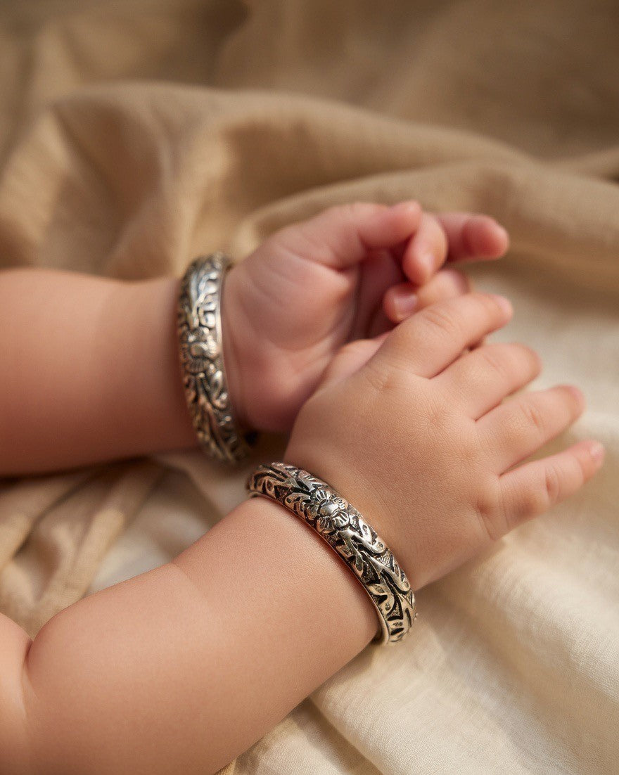 Oxidised Floral Engraved Silver Child Bangles