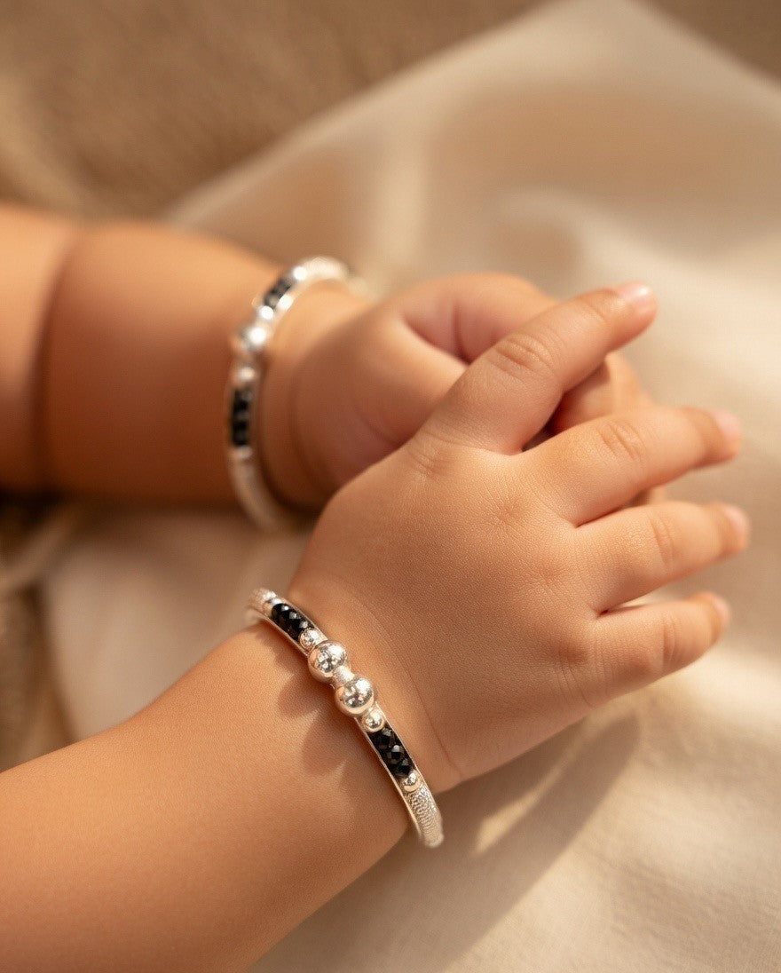 Black Beaded Silver Child Bangle Pair