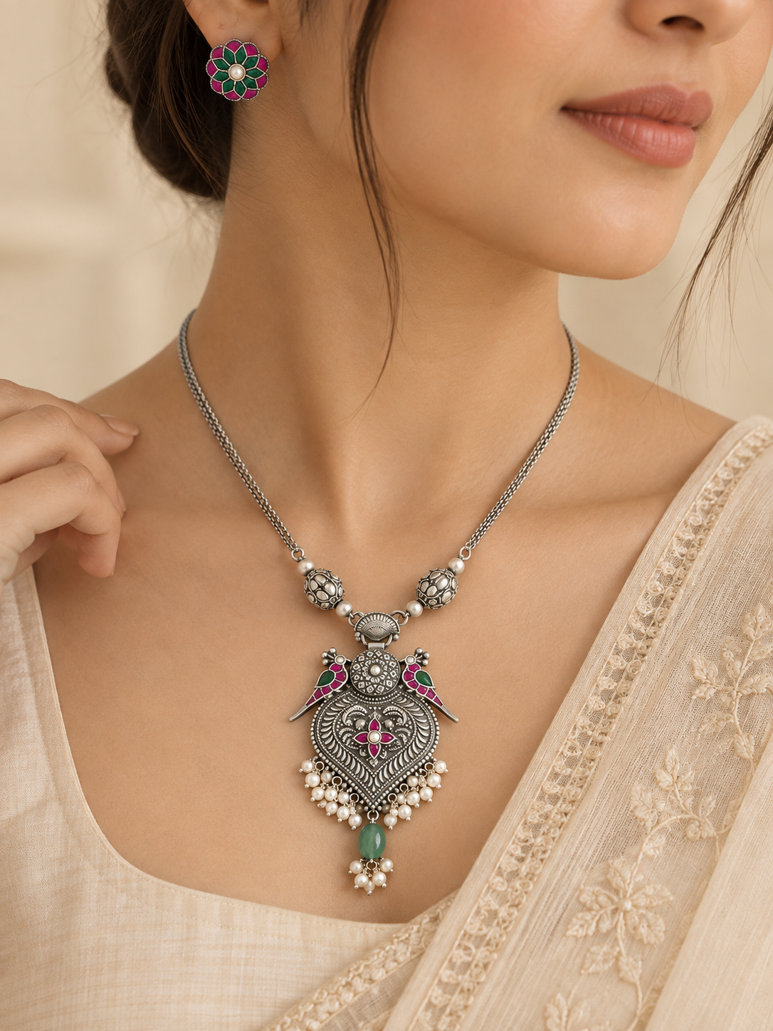 Mayura Rang Silver Necklace Set