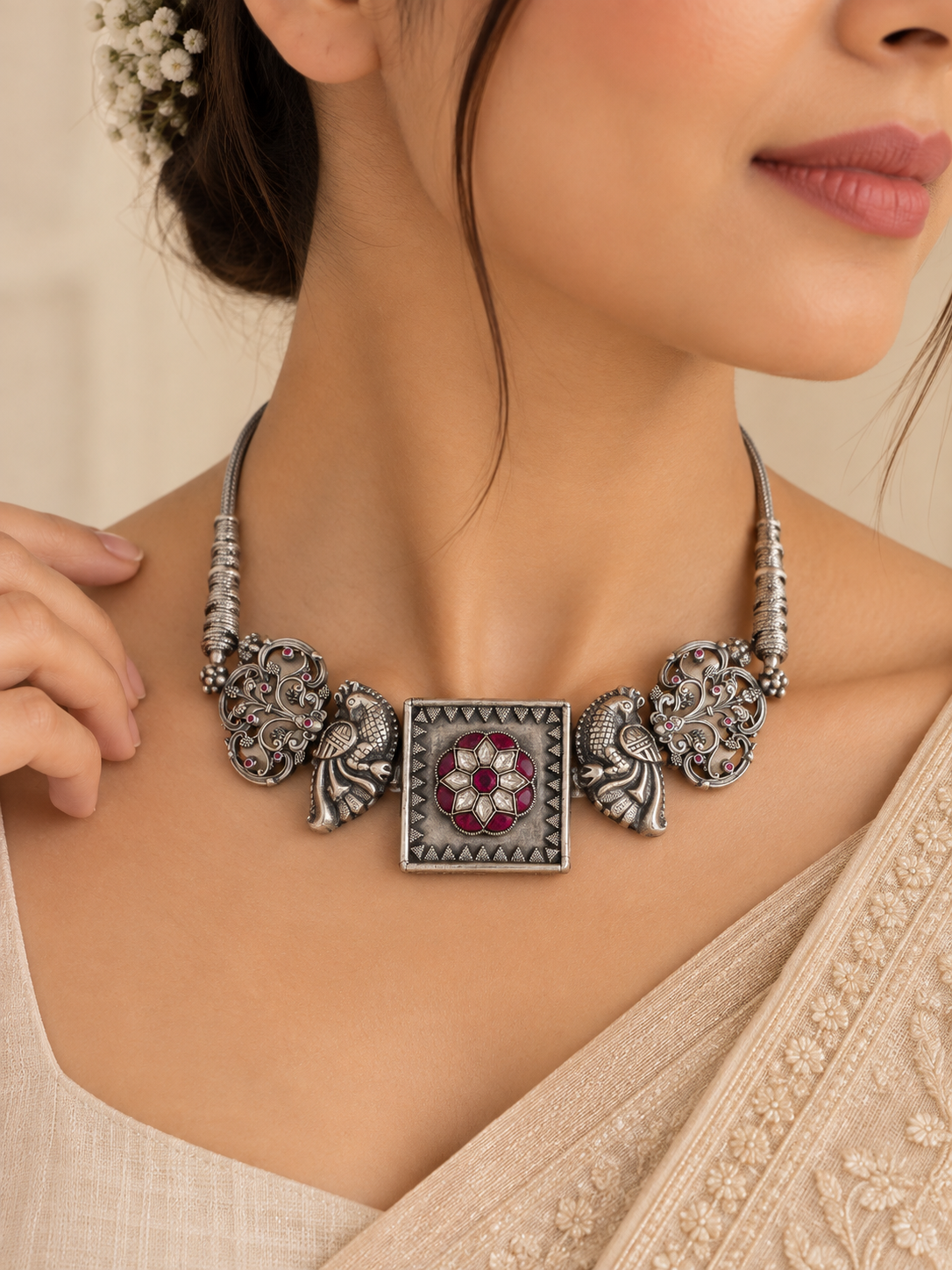 Rangrez Ruby Silver Necklace