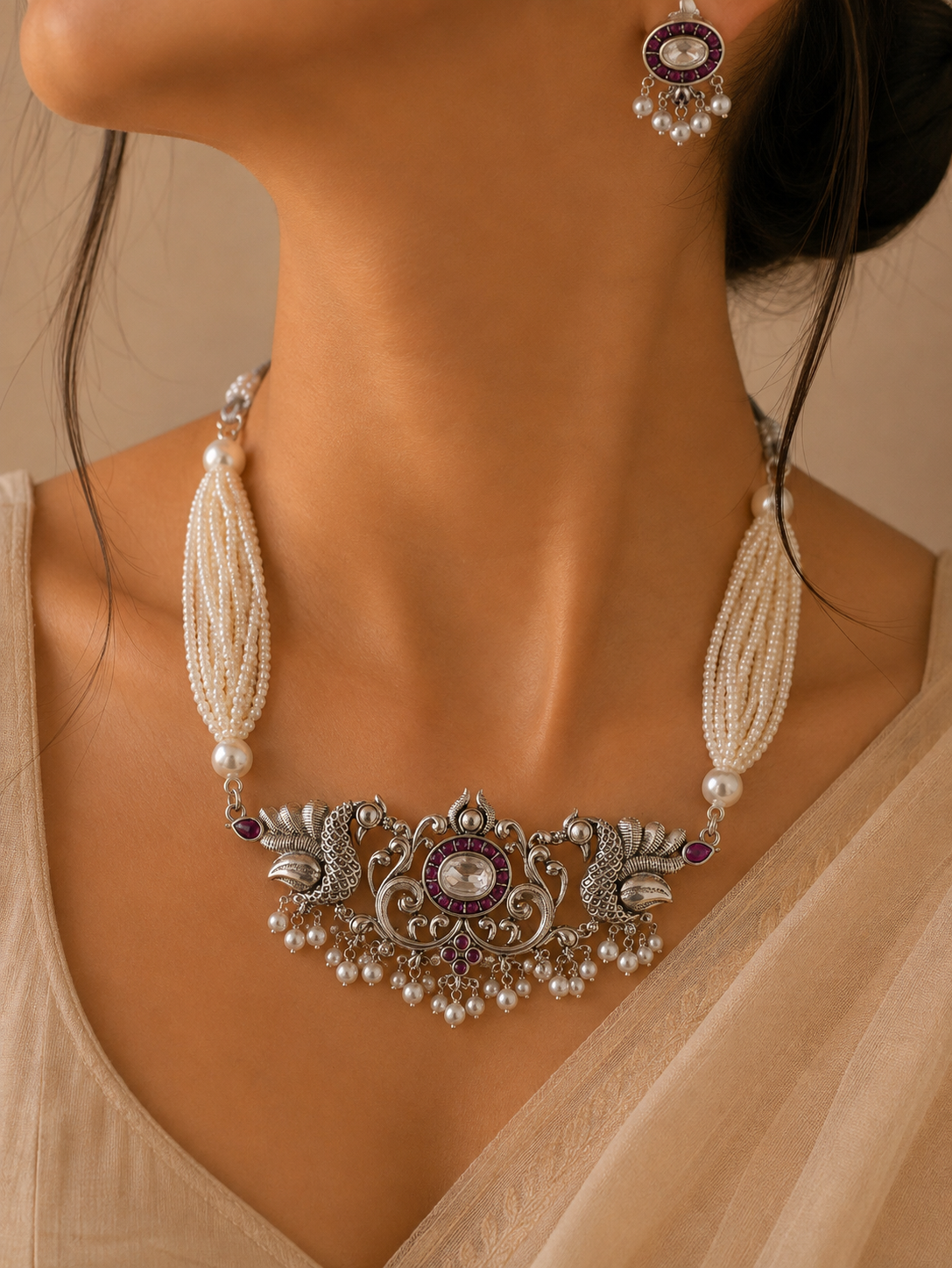 Kokila Pearl Silver Necklace Set