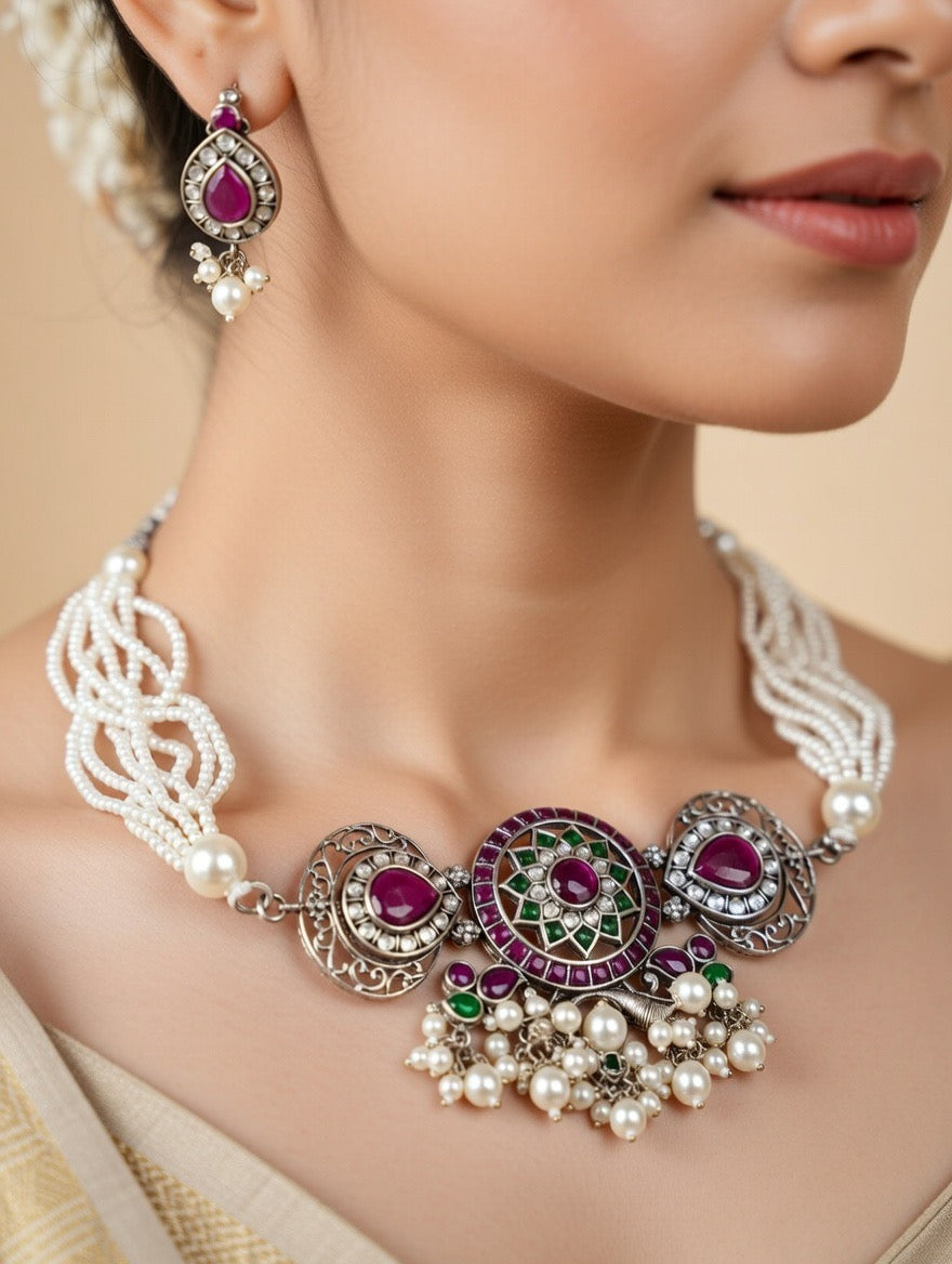 Ruby Kundan Pearl Necklace Set