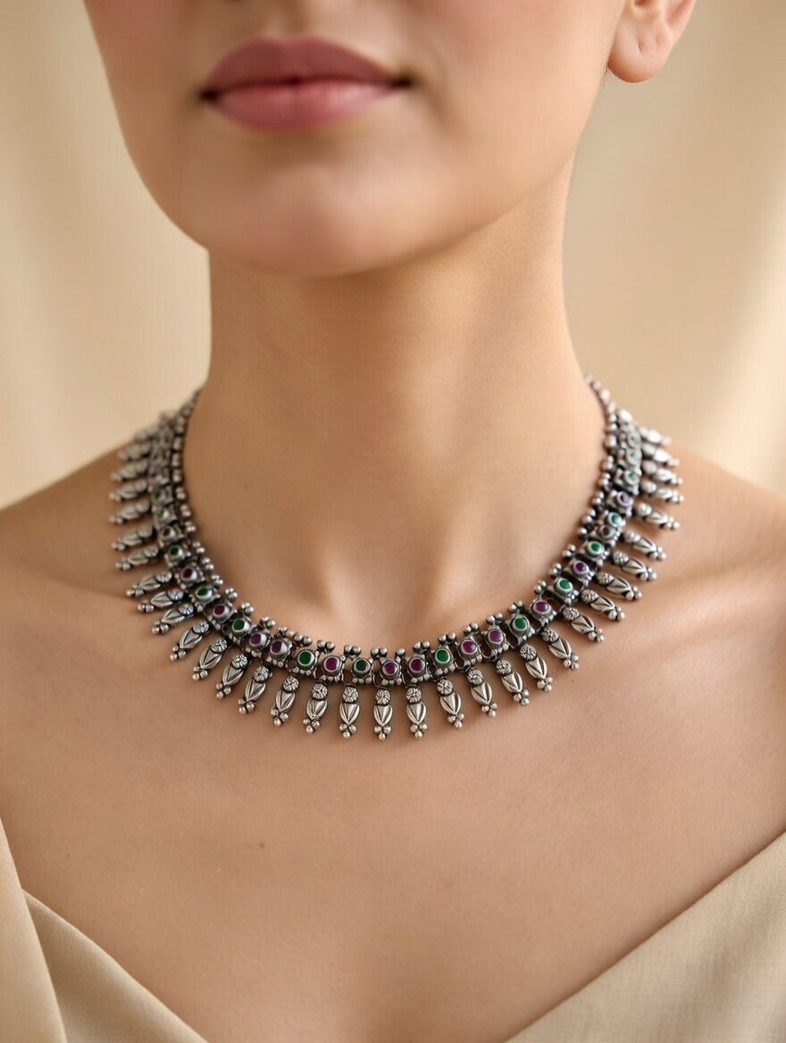 Tribal Red Green Fringe Necklace