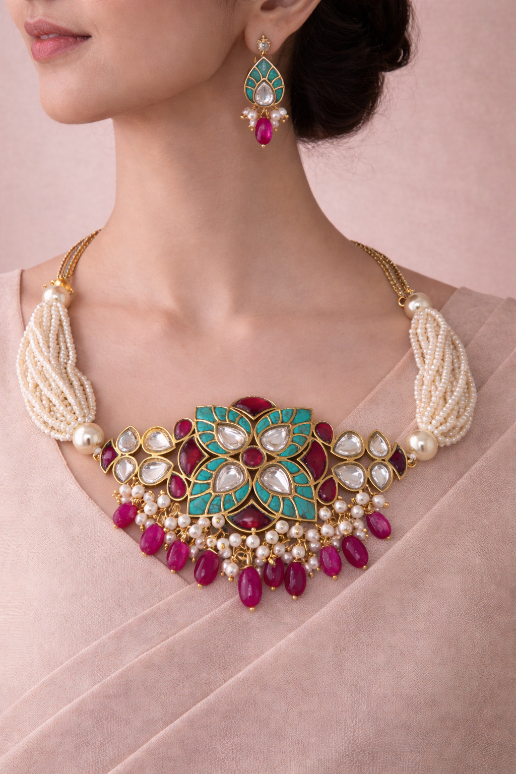 Turquoise Kundan Pearl Necklace Set