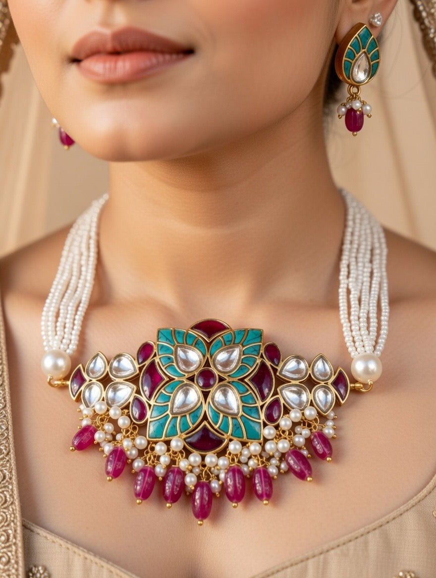 Turquoise Kundan Pearl Necklace Set