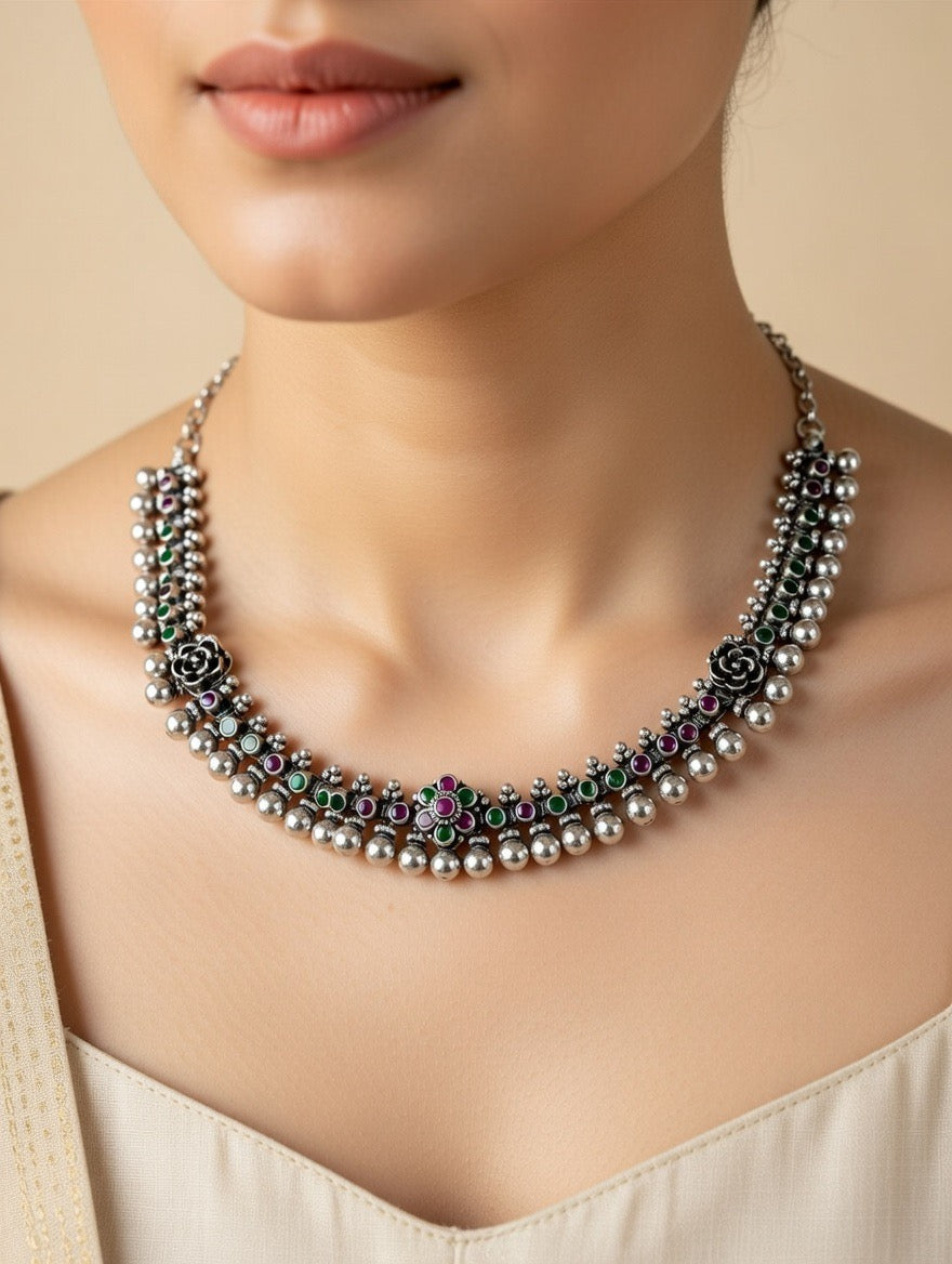 Floral Bead Antique Silver Necklace