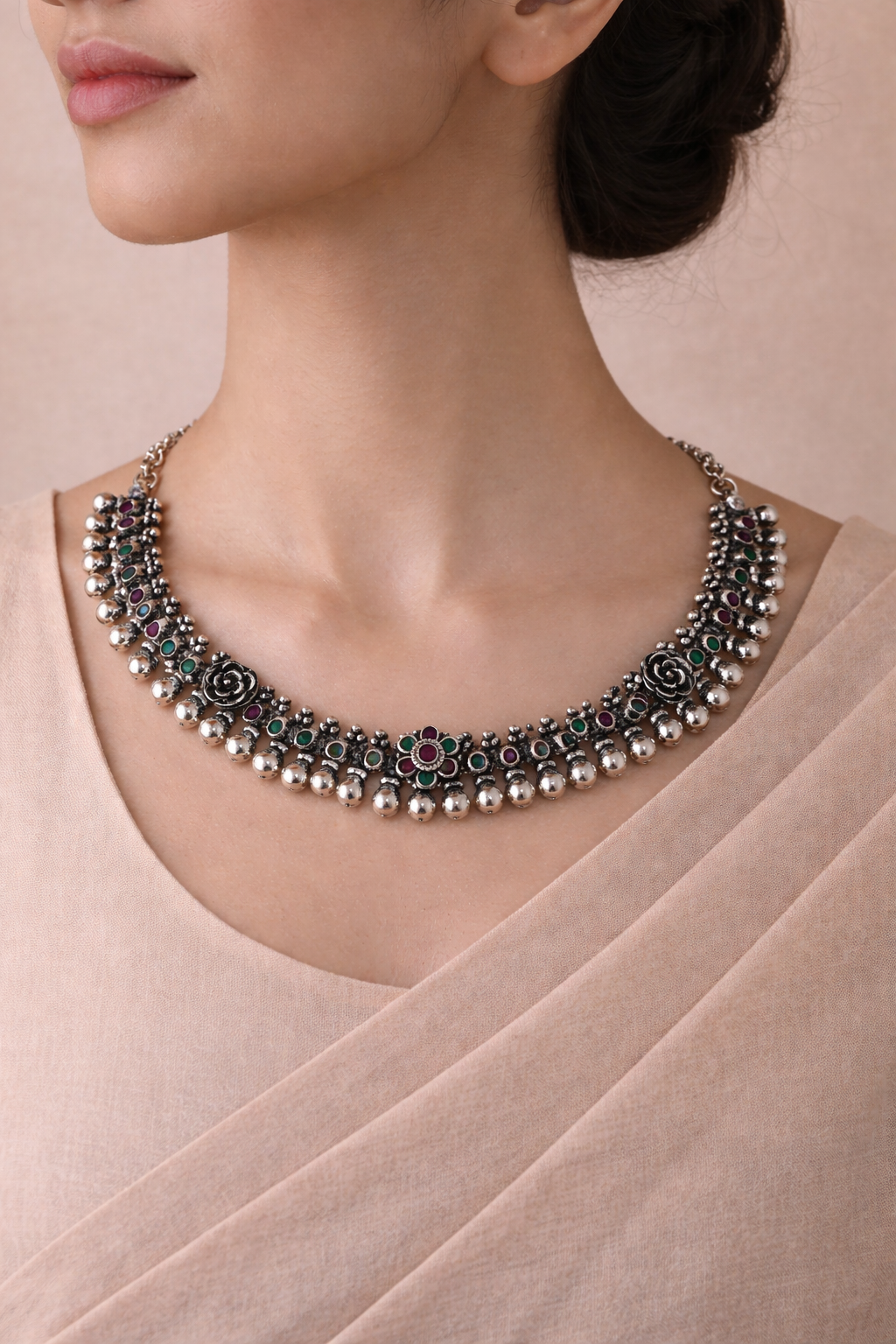 Floral Bead Antique Silver Necklace