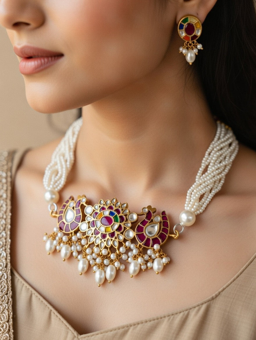 Peacock Pearl Kundan Necklace Set
