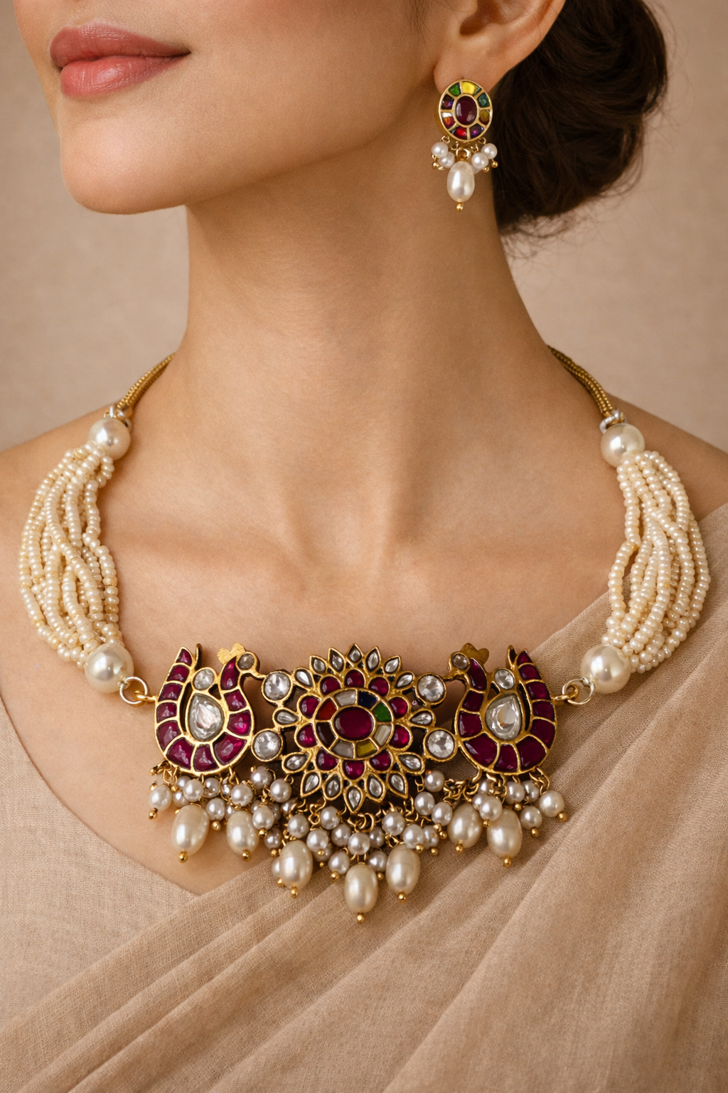 Peacock Pearl Kundan Necklace Set