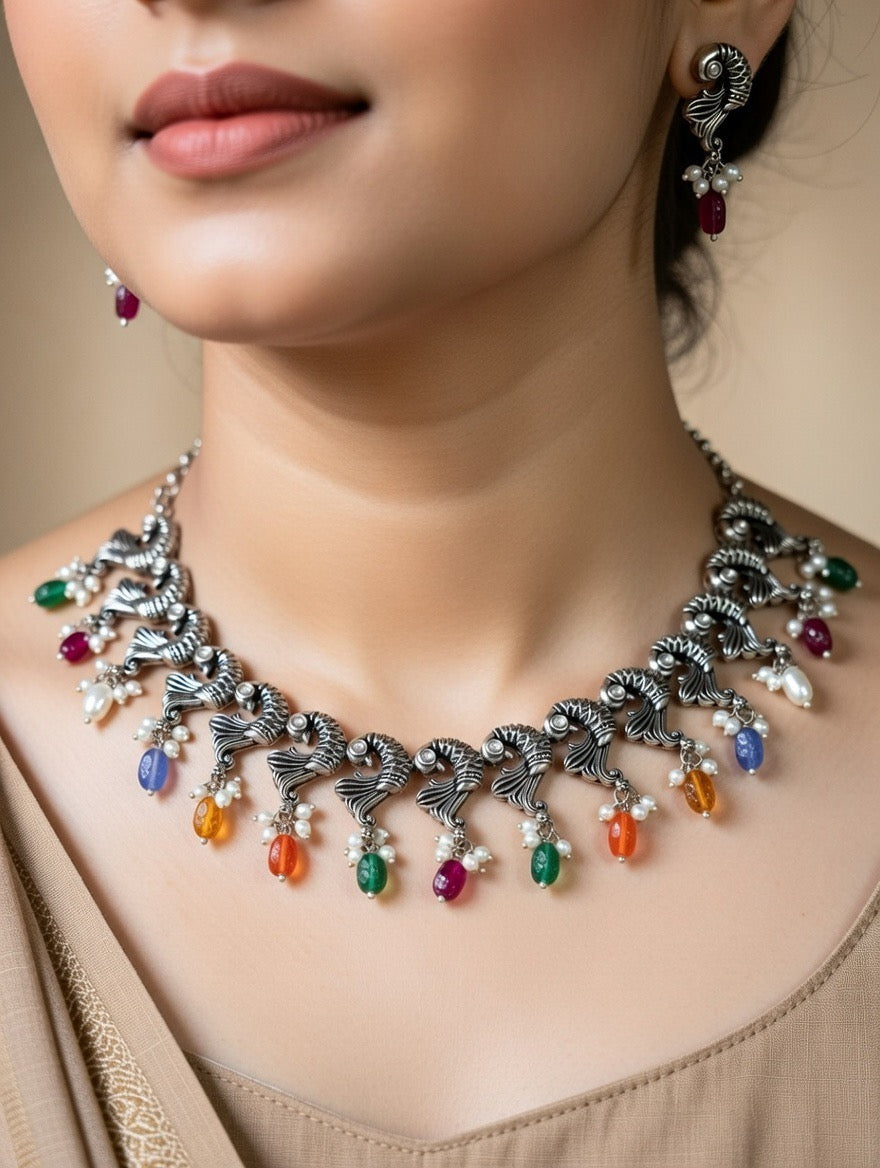 Peacock Multicolour Drop Necklace Set