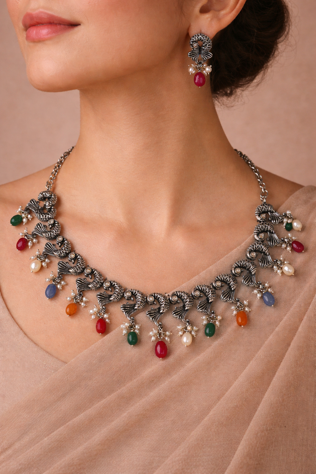 Peacock Multicolour Drop Necklace Set