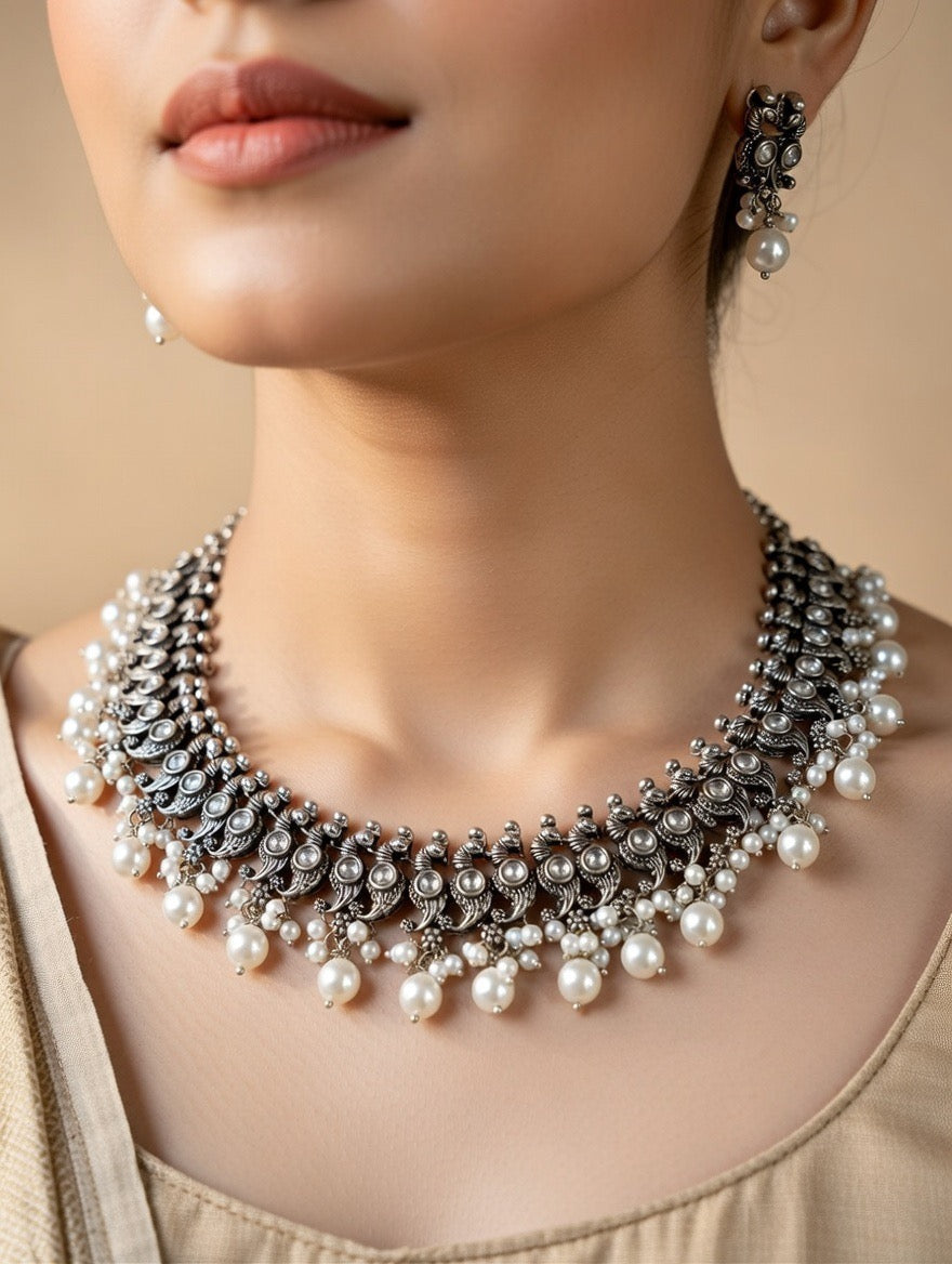 Peacock Pearl Antique Silver Necklace Set