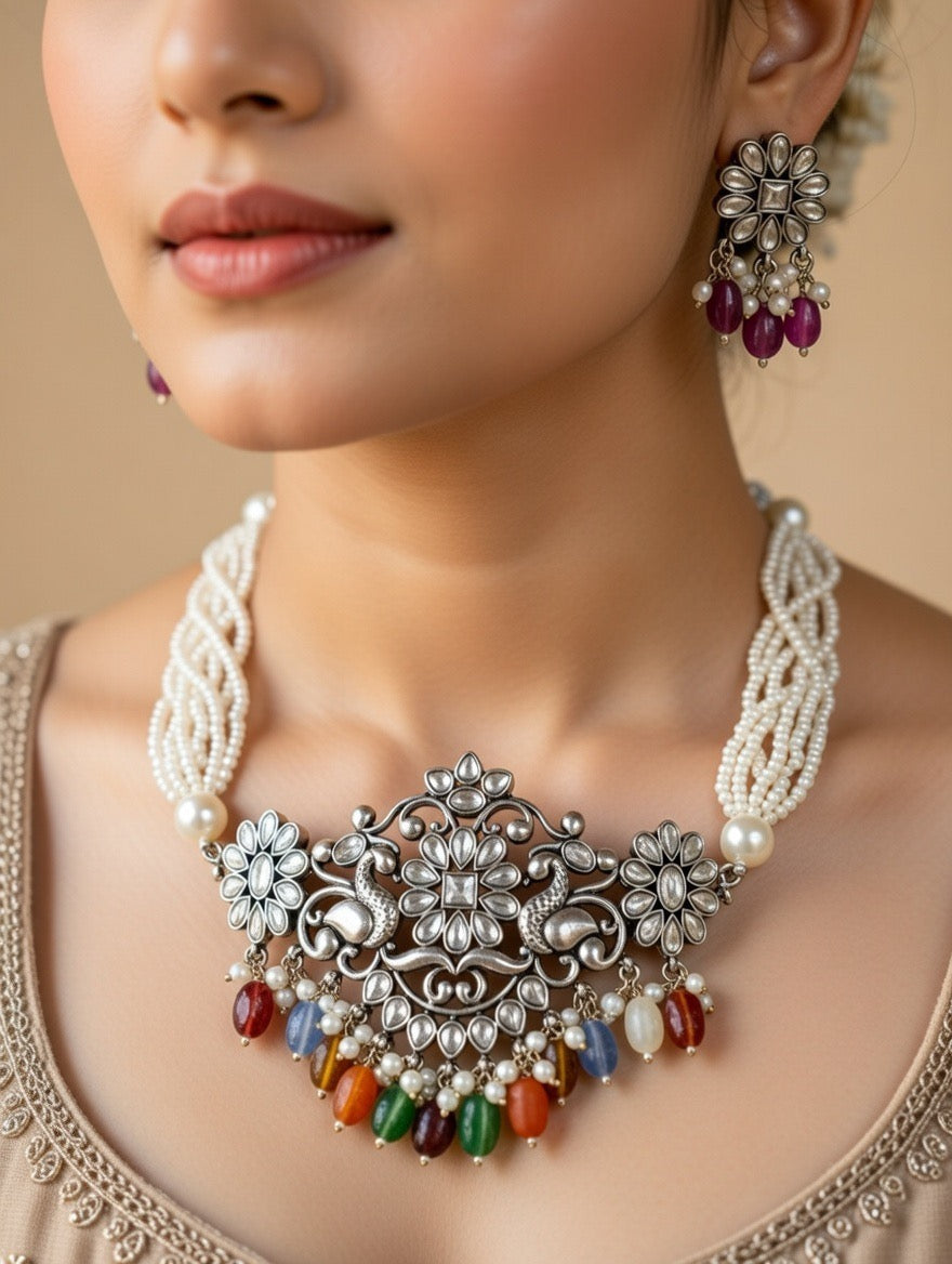 Floral Peacock Multicolour Necklace Set