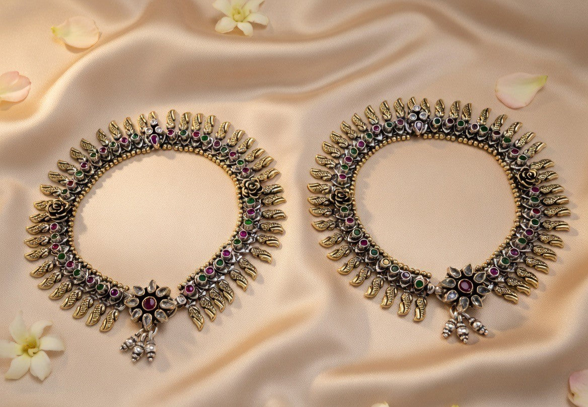 Multicolor Floral Dual Tone Silver Anklets