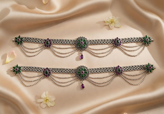 Green Ruby Kundan Pearl Anklets