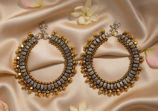 Dual Tone Textured Silver Anklets