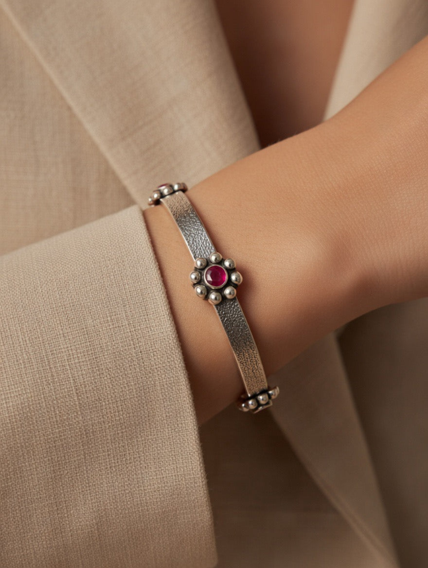 Floral Centre Ruby & Emerald Bangle Pair
