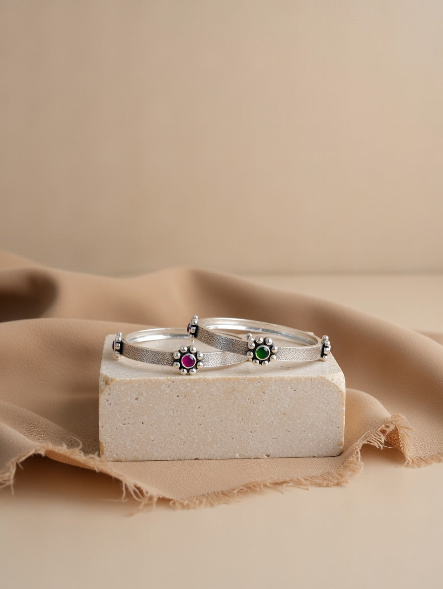 Floral Centre Ruby & Emerald Bangle Pair