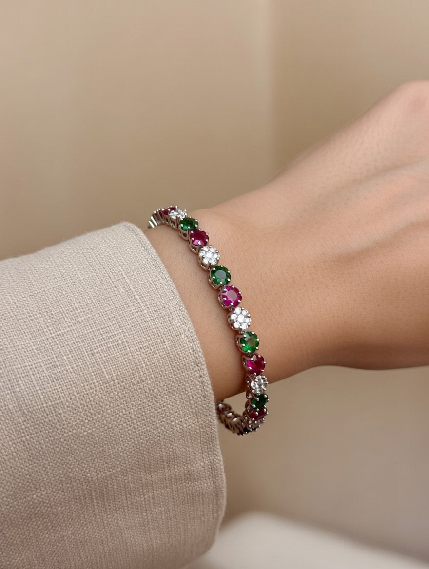 Floral Ruby Emerald & Zircon Bangle Pair