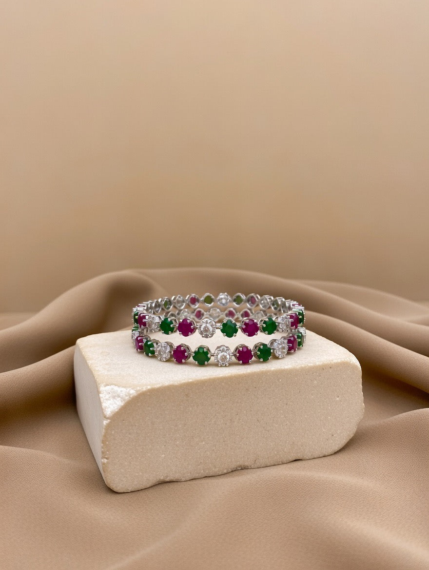 Floral Ruby Emerald & Zircon Bangle Pair